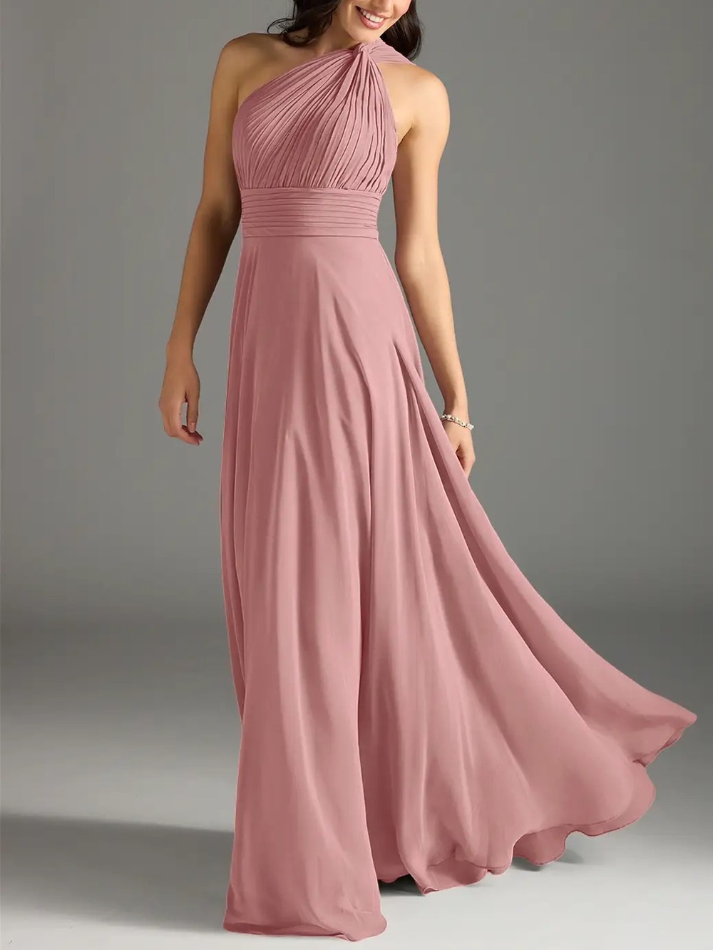 Dusty Rose A-Line One-Shoulder Chiffon Flowy Dress (Azazie: Charlize)